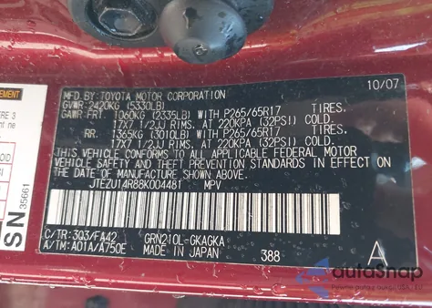 2008 Toyota 4Runner Sr5 V6 from USA, damaged, VIN JTEZU14R88K004481